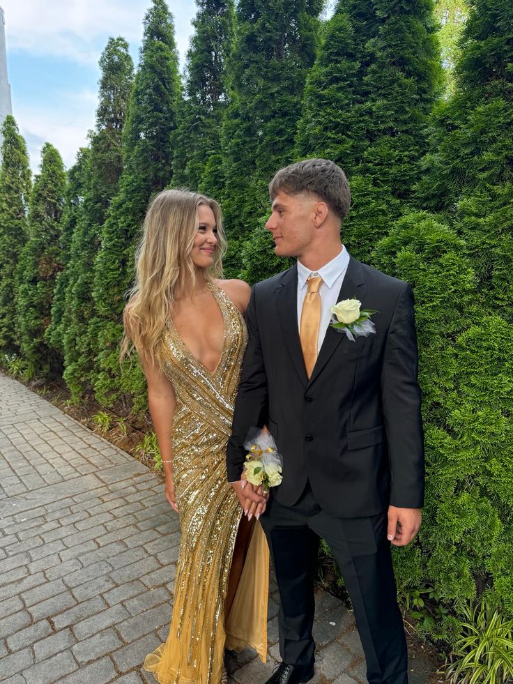 Luxury Golden Mermaid Deep V-neck Strap Slit Sequin Long Prom Dress Evening Dress - VelvetHem