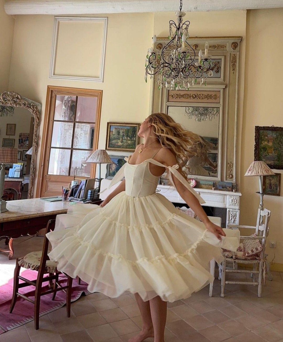 Sweet Ivory A-line Square Neckline Bow Strap Ruffled Chiffon Tea-length Prom Dress - VelvetHem