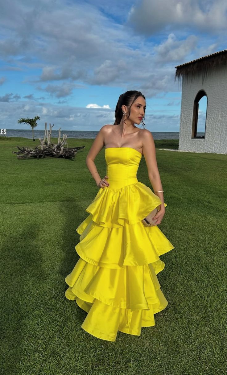 Elegant Yellow A-line Strapless Multi-layered Ruffled Satin Long Prom Dress Evening Dress - VelvetHem