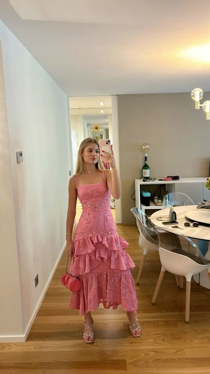 Sweet Pink A-line Thin Strap Square Neck Pattern Ruffle Lace Ankle-length Prom Dress Evening Dress - VelvetHem