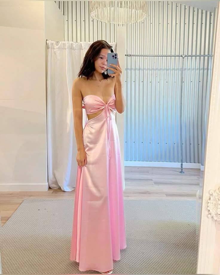 Simple Pink A-line Strapless Cutout Satin Long Prom Dress Evening Dress Bridesmaid Dress - VelvetHem