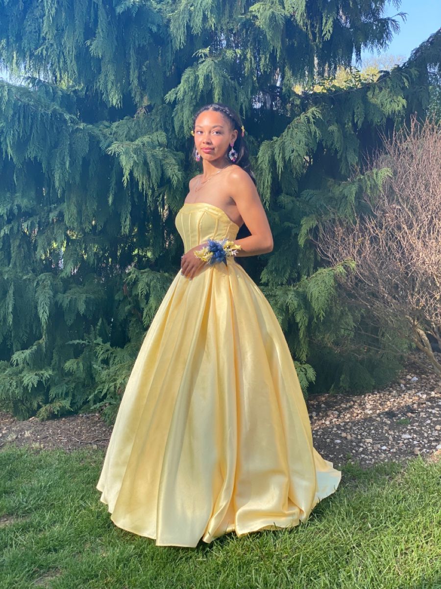 Elegant Yellow A-line Strapless Satin Long Prom Dress Evening Dress Bridesmaid Dress - View 2 | VelvetHem