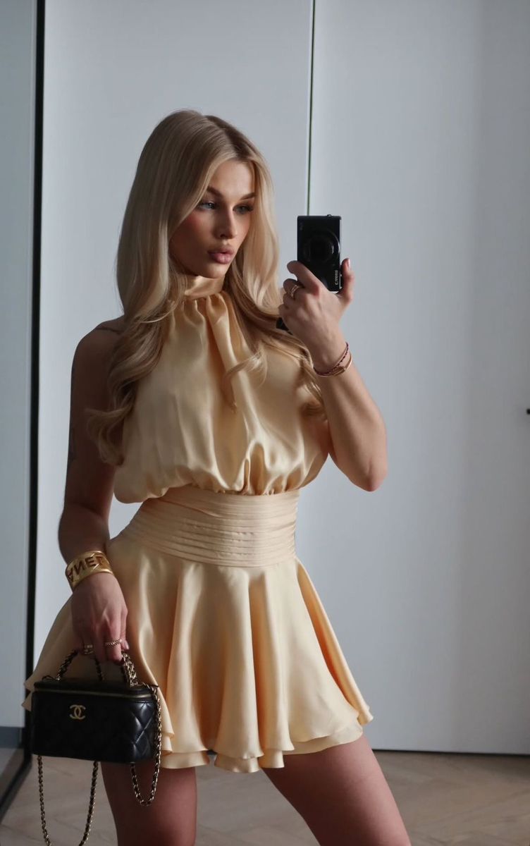 Elegant Pale Yellow High Collar Halter Neck Waist Satin A-line 17th Birthday Homecoming Dress - View 2 | VelvetHem