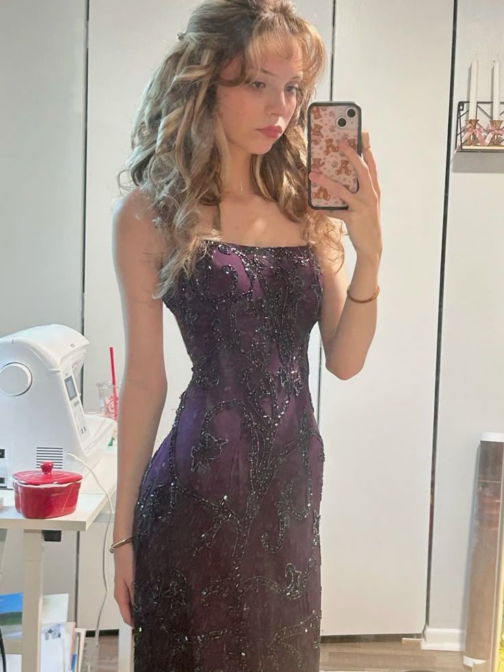 Vintage Deep Purple Mermaid Square Neck Embroidered Slit Long Prom Dress Evening Dress - VelvetHem