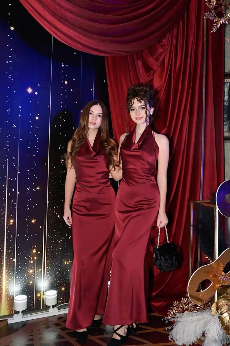Elegant Burgundy Mermaid Halter Neck Backless Satin Long Prom Dress Evening Dress - VelvetHem