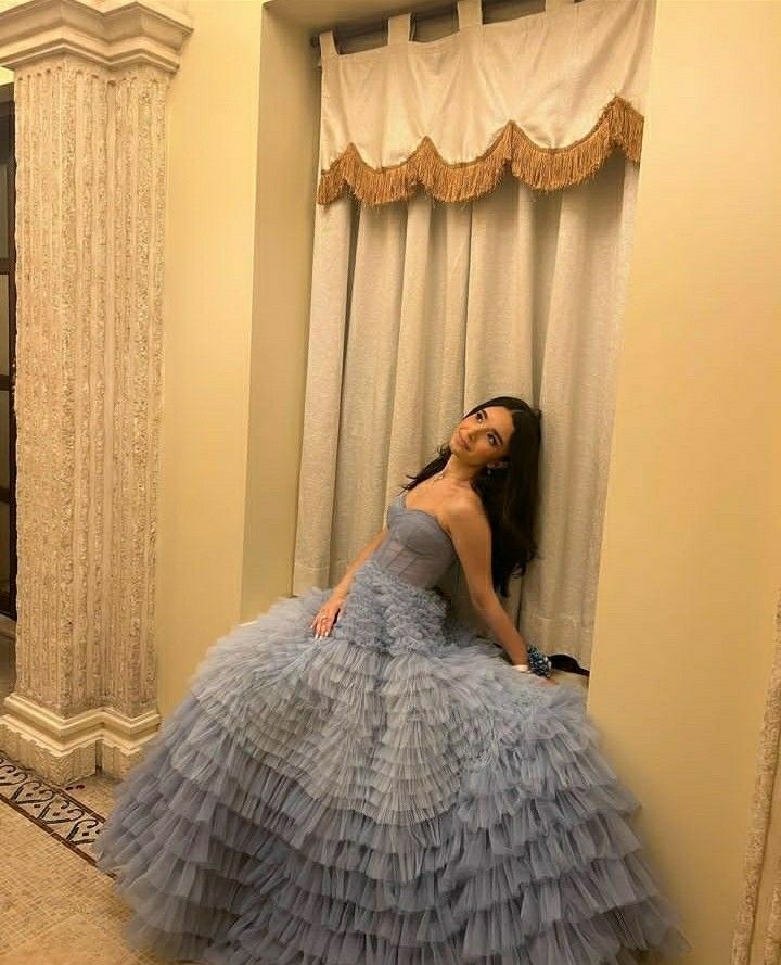 Dreamy Gray-blue A-line Strapless Layered Tulle Long Prom Dress Evening Dress - VelvetHem