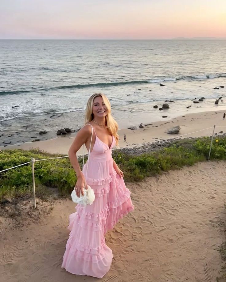 Fresh Light Pink A-line Multi-layered Cake Deep V Sling Ruffle Chiffon Long Prom Dress Evening Dress - View 3 | VelvetHem