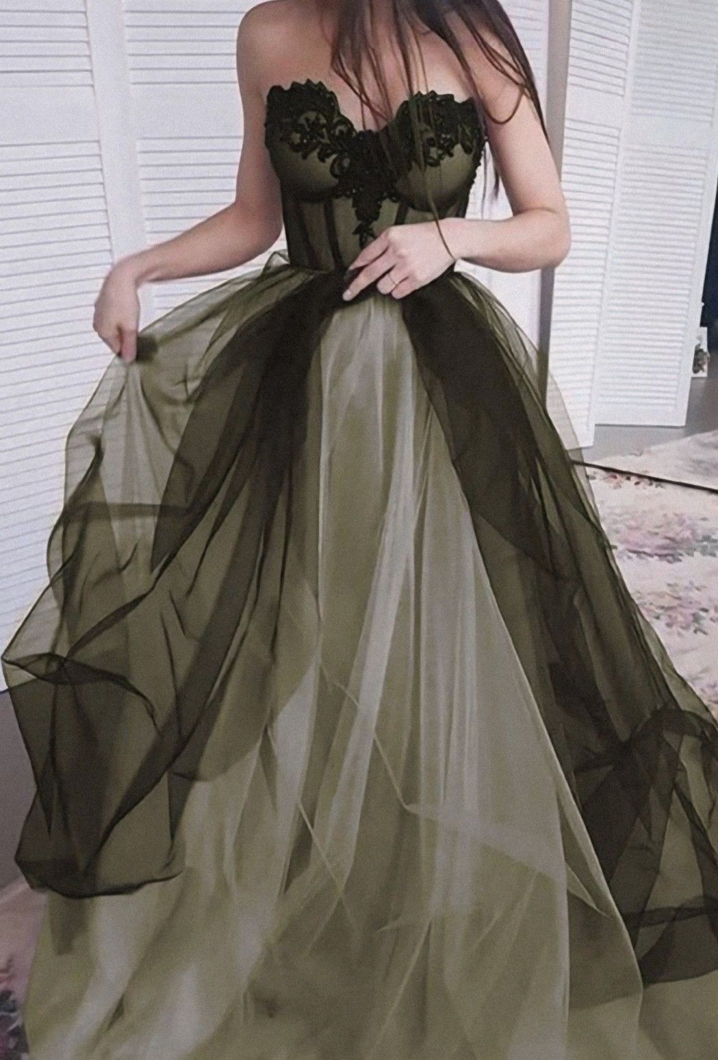 Dark Olive Green A-line Sweetheart Neckline Tulle Train Prom Dress Evening Dress - VelvetHem