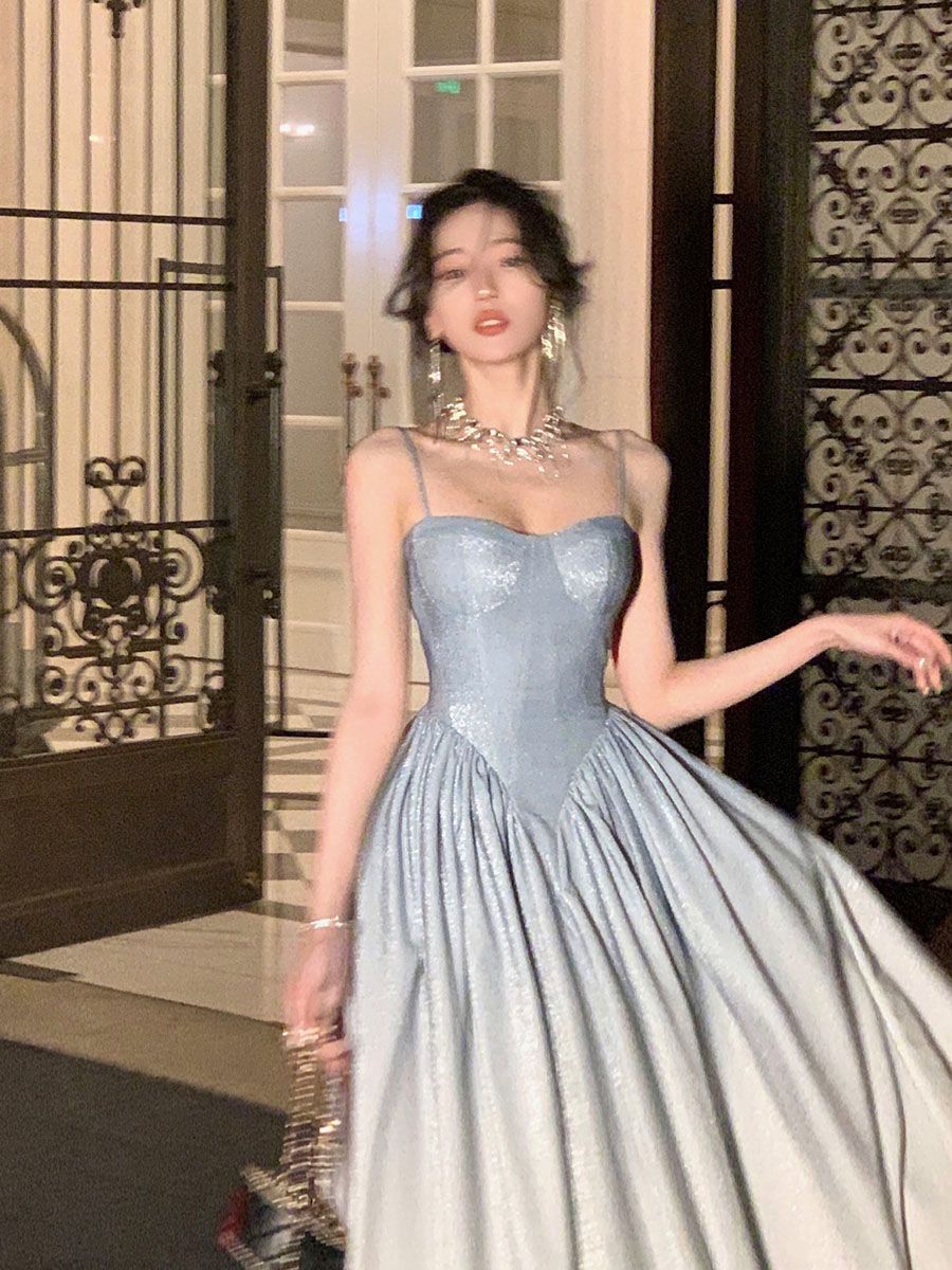Dreamy Light Blue A-line Spaghetti Strap Sequins Long Prom Dress Evening Dress - VelvetHem