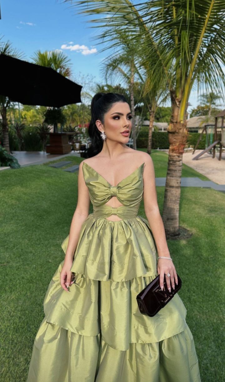 Elegant Green A-line V-neck Multi-Layered Ruffled Satin Long Prom Dress Evening Dress Bridesmaid Dress - VelvetHem