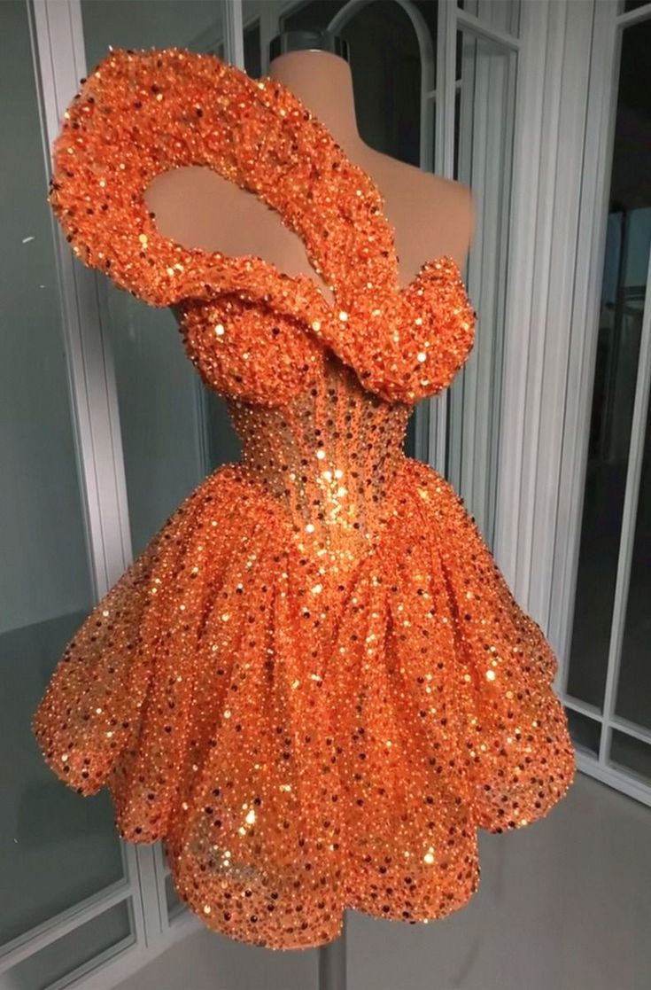 Gorgeous Bright Orange Asymmetrical Shoulder Sequin A-line Birthday Party Homecoming Dress