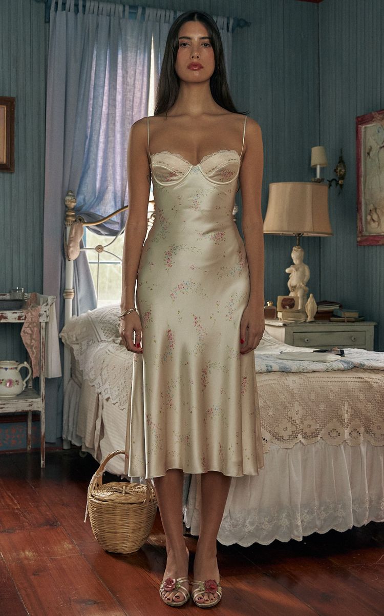 French Retro Ivory Floral Slim Spaghetti Strap Satin Tea-length Prom Dress Evening Dress - View 3 | VelvetHem