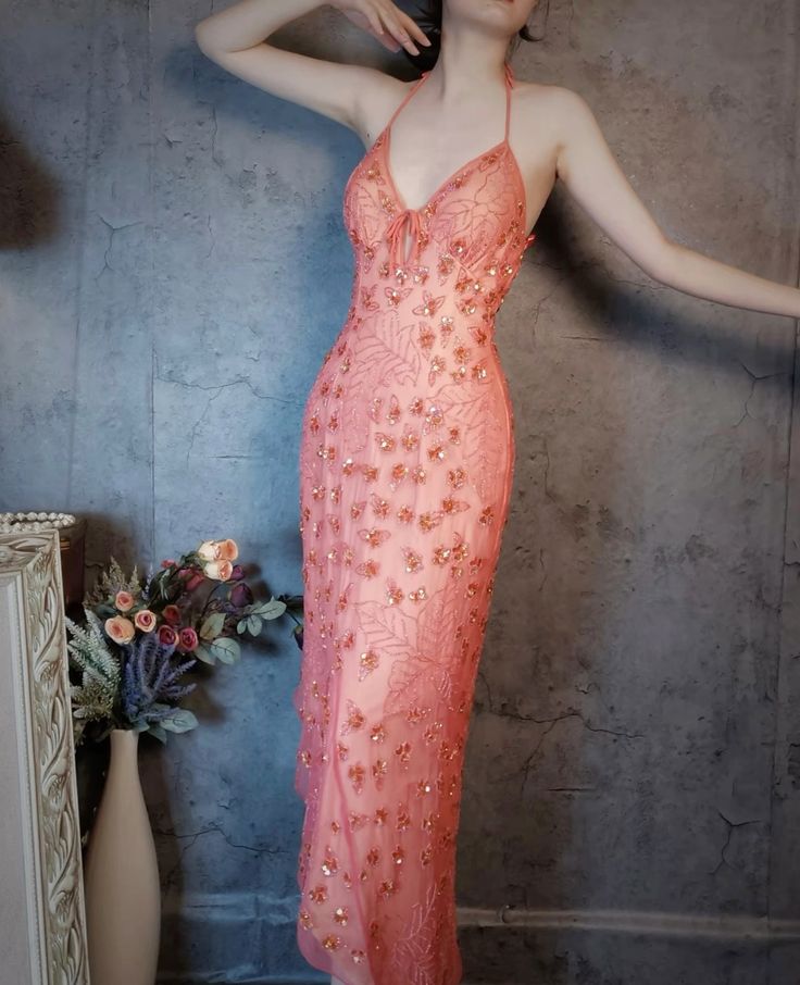 Gorgeous Pink Slim Fit Deep V Halter Neck Open Back Sequin Irregular Skirt Long Prom Dress Evening Dress - VelvetHem
