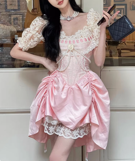Sweet Pink Lace Short Sleeve Herringbone Short A-line 17th Birthday Homecoming Dress - VelvetHem