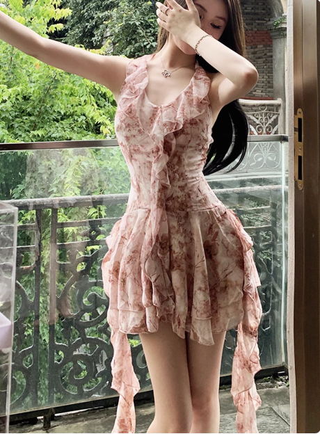 Pretty Pink Floral Halter Neck Chiffon Ruffle 17th Birthday Homecoming Dress - VelvetHem