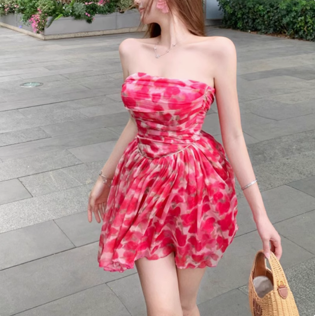 Beautiful Floral Tube Top Pink Tulle A-line Birthday Dress Homecoming Dress - VelvetHem