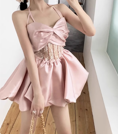 Sweet Pink Bow Strap Satin A-line 17th Birthday Homecoming Dress - View 2 | VelvetHem