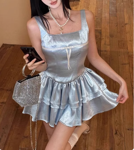 Blue Cake Skirt Short Square Neck Satin 17th Birthday Homecoming Dress - VelvetHem