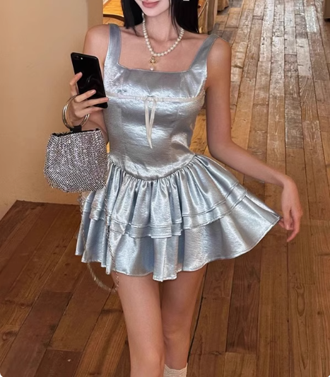 Blue Cake Skirt Short Square Neck Satin 17th Birthday Homecoming Dress