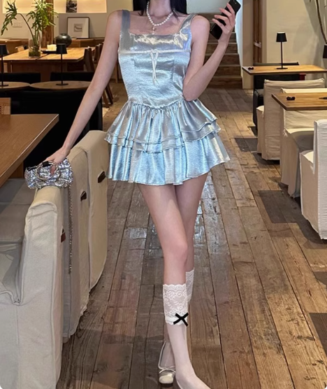 Blue Cake Skirt Short Square Neck Satin 17th Birthday Homecoming Dress