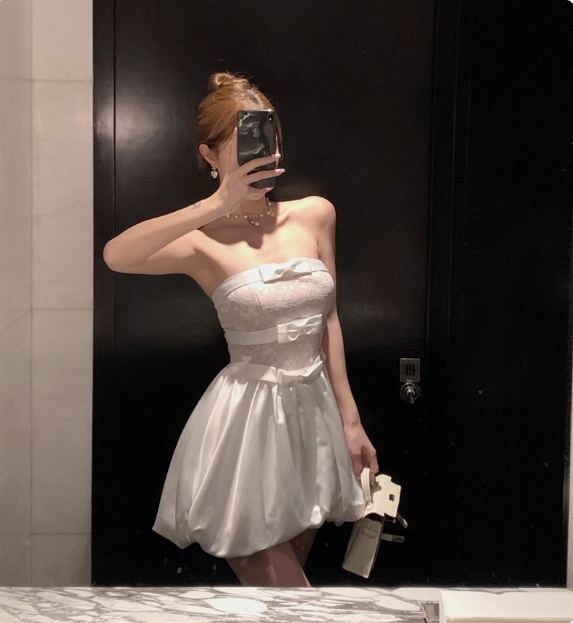 Sweet White Tube Top Bow Lace Satin Bud Birthday Short Skirt Homecoming Dress - VelvetHem