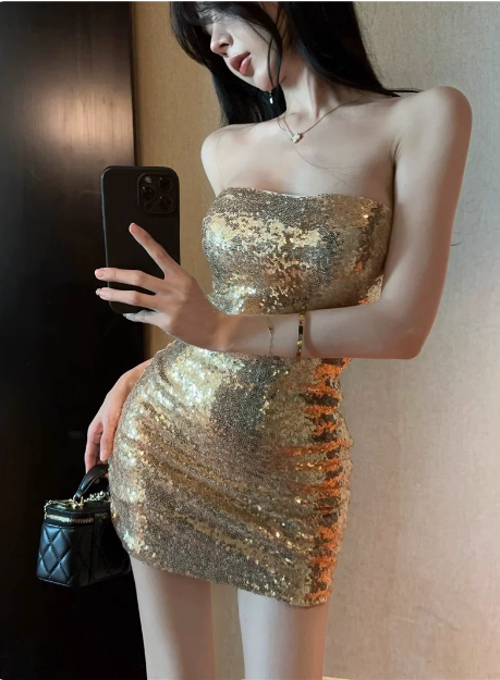 Sexy Champagne Tube Top Sequined Hip 17th Birthday Homecoming Dress - VelvetHem