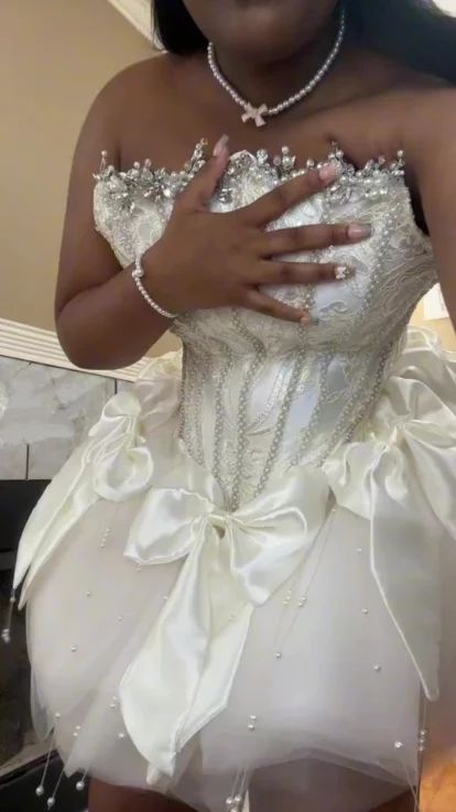 Princess White Strapless Pearl Bow Puff Skirt 16th Birthday Homecoming Dress