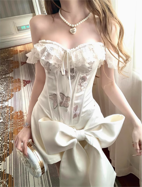 Designer Bow Herringbone Tube Top Satin 17th Birthday Homecoming Dress - VelvetHem