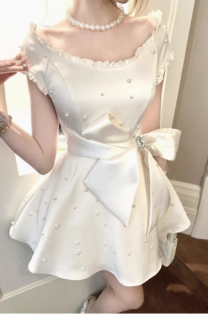 Heavy Pearl Satin Bow A-line Birthday Dress Homecoming Dress - View 2 | VelvetHem