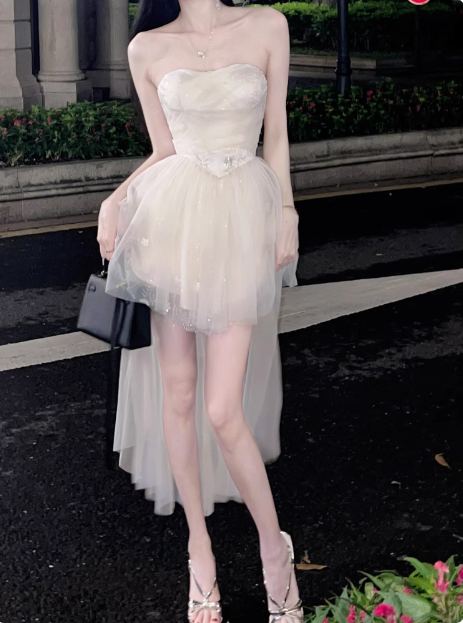 Princess Tube Top One Shoulder Tulle Train 17th Birthday Homecoming Dress - VelvetHem