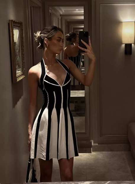 Sexy Low Cut Backless Halter Neck Striped Waist A-Line Homecoming Dress - View 3 | VelvetHem