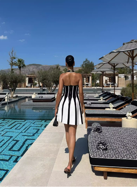 Sexy Low Cut Backless Halter Neck Striped Waist A-Line Homecoming Dress - View 4 | VelvetHem