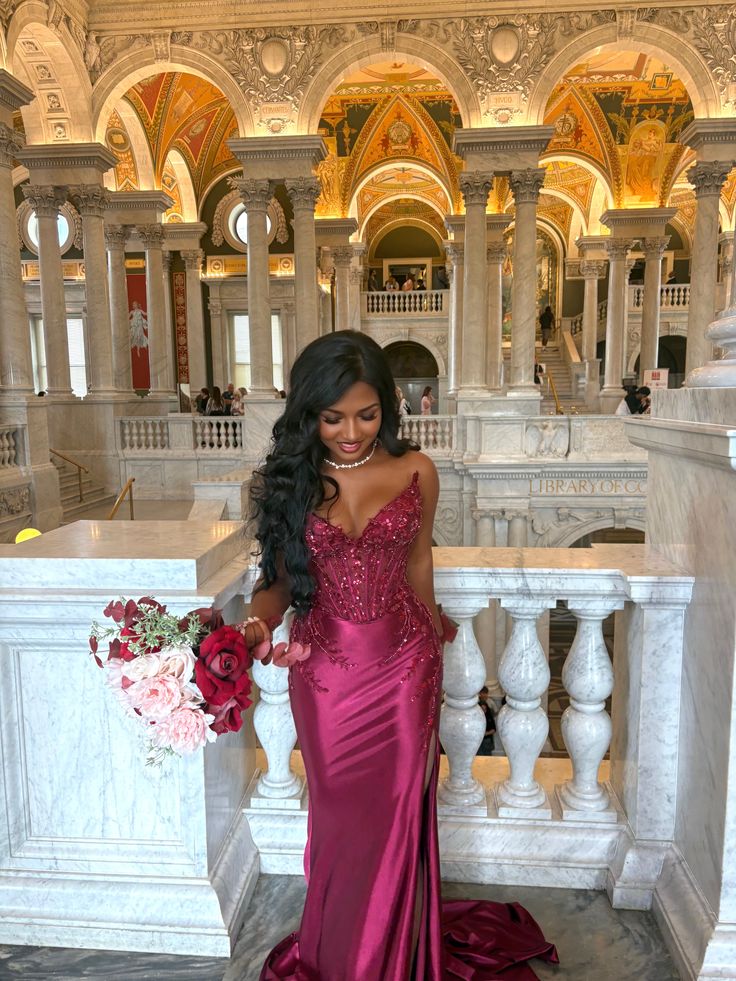 Elegant Pink Mermaid Sequined V-neck Slit Satin Long Prom Dress Evening Dress - VelvetHem