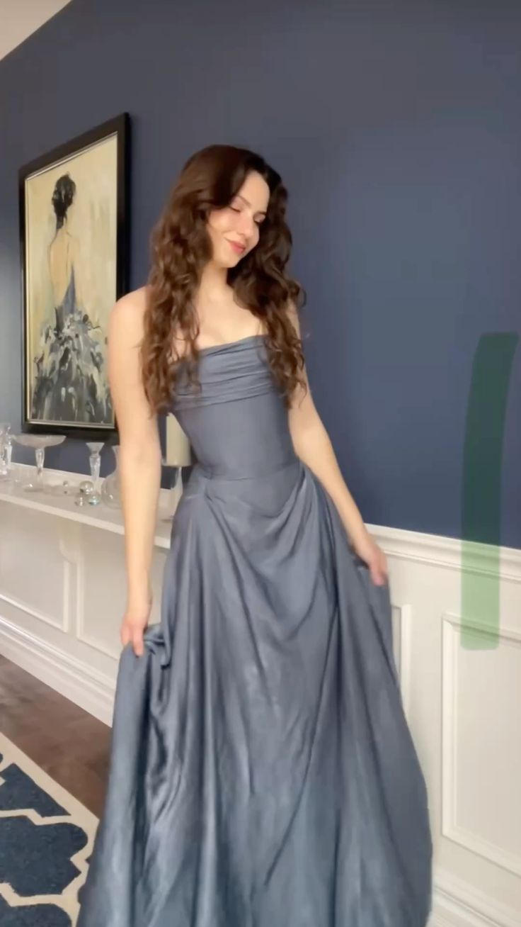 Elegant Grey A-line Strapless Pleated Satin Long Prom Dress Evening Dress - VelvetHem