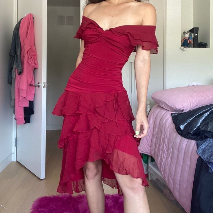 Beautiful Off-the-shoulder Ruffled Chiffon Burgundy Irregular Birthday Short Skirt Homecoming Dress - VelvetHem
