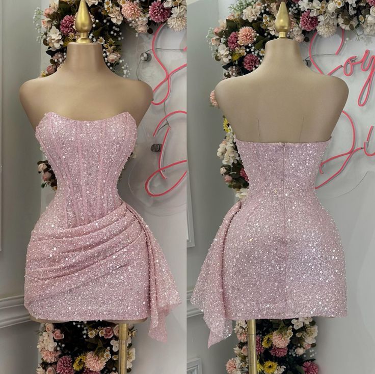 Cute Pink Sleeveless Sequined Slim Fit Hip 17th Birthday Homecoming Dress - View 2 | VelvetHem