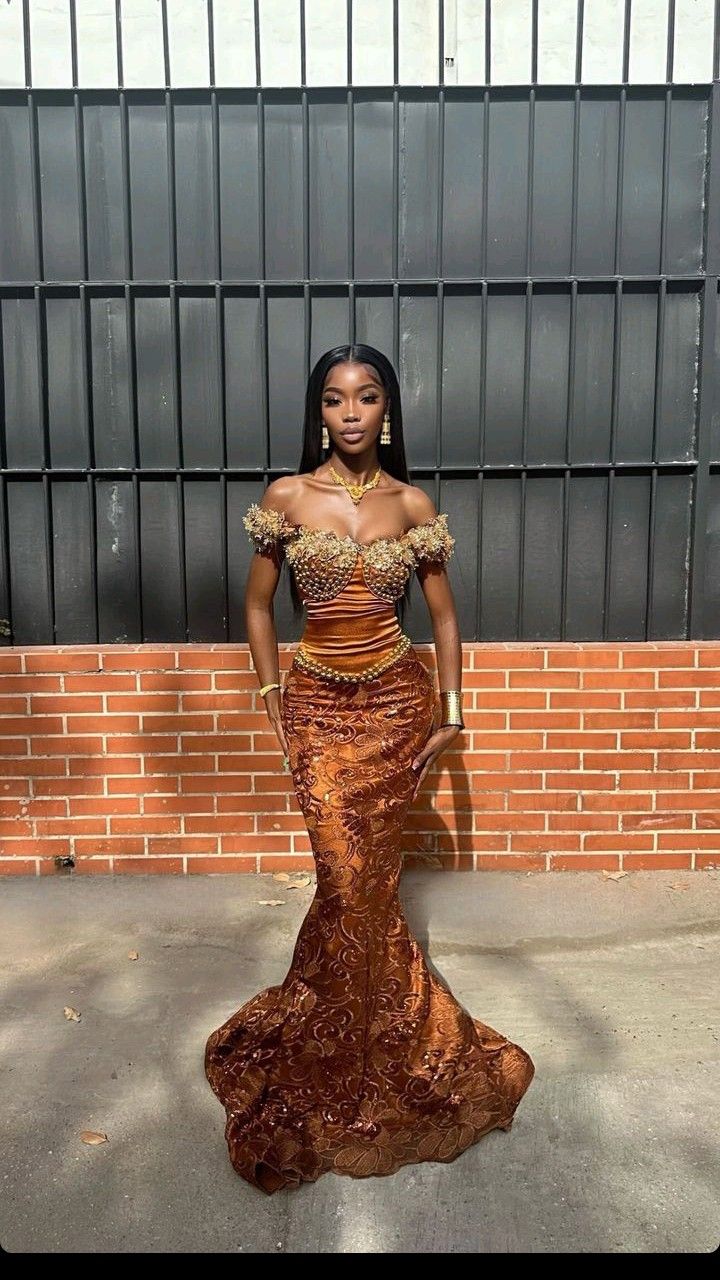 Luxurious Gold-Bronze Off-The-Shoulder Beaded Jacquard Mermaid Long Prom Dress Evening Dress - VelvetHem