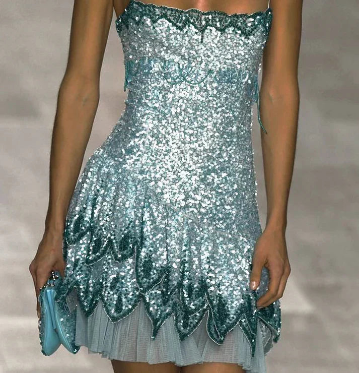 Gorgeous Blue Spaghetti Strap Sequin Waist Birthday Party Homecoming Dress - VelvetHem