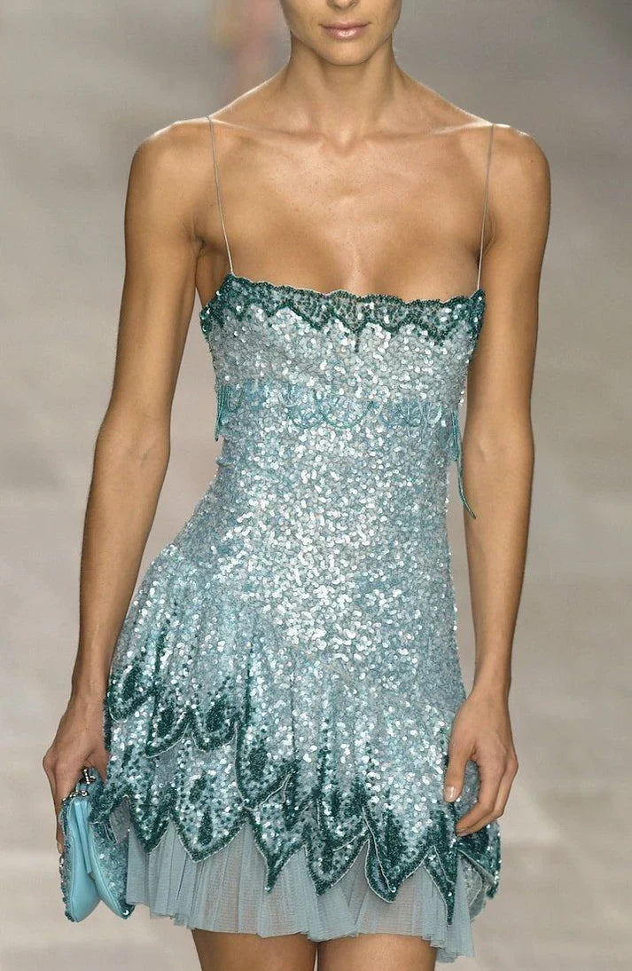Gorgeous Blue Spaghetti Strap Sequin Waist Birthday Party Homecoming Dress
