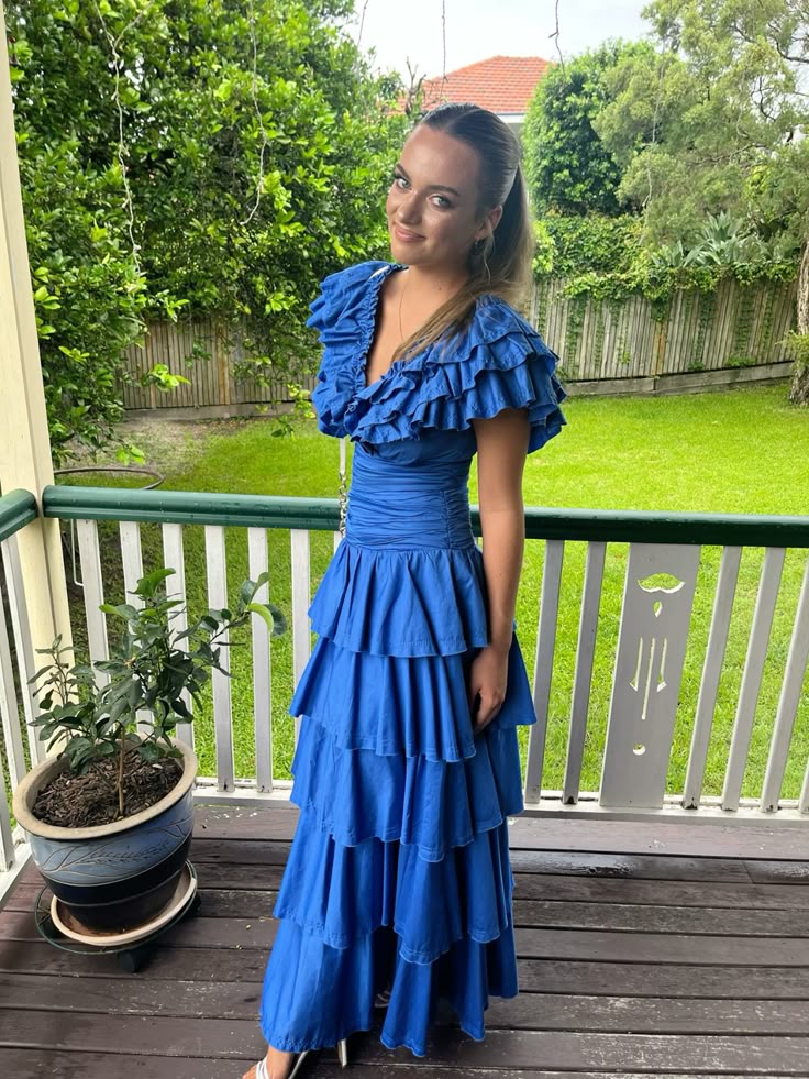 Sweet Royal Blue A-line V-neck Layered Ruffle Long Prom Dress Evening Dress - View 4 | VelvetHem
