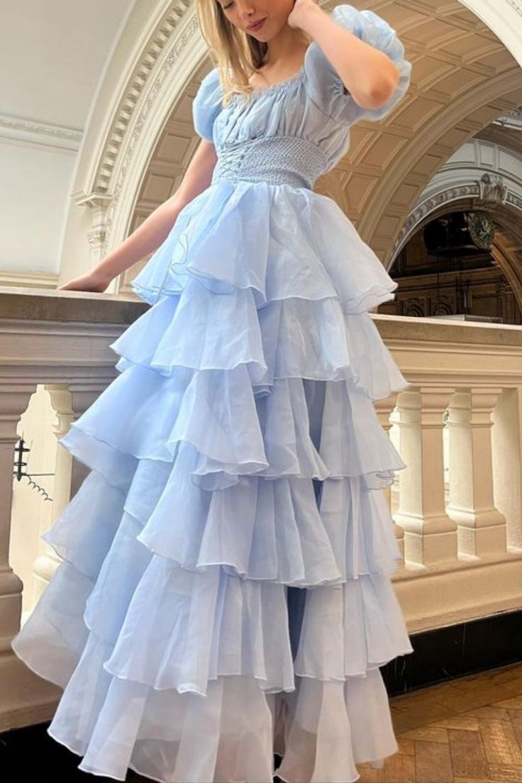 Sweet Light Sky Blue Square Neckline Puff Sleeve Layered Ruffle Organza A-line Long Prom Dress Evening Dress - VelvetHem