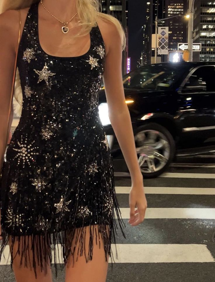 Sparkling Tassel Square Neck Star Sequin Open Back Homecoming Dress - View 2 | VelvetHem