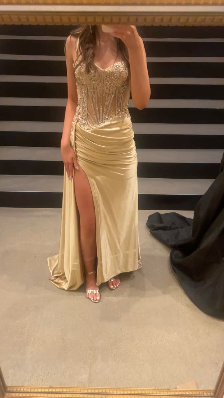 Elegant Champagne Gold Spaghetti Strap Beaded High Slit Satin Long Prom Dress Evening Dress - VelvetHem