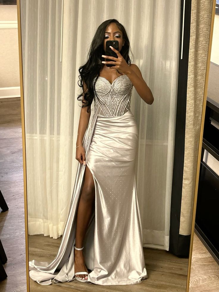 Elegant Silver-Grey Mermaid Slit Satin Long Prom Dress Evening Dress - VelvetHem