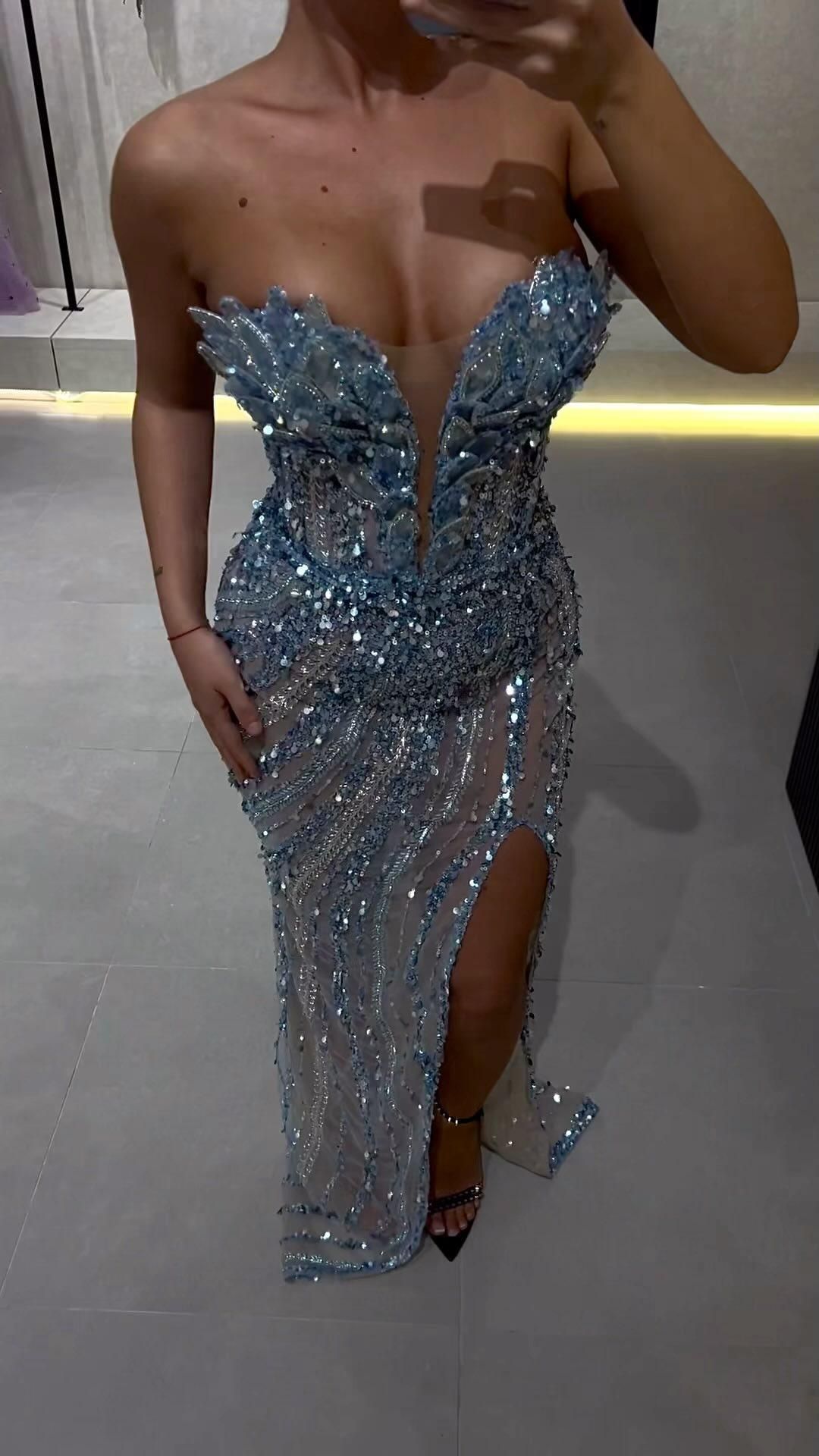 Glamorous Mermaid Strapless Sequined High-Slit Mesh Long Prom Dress Evening Dress - VelvetHem