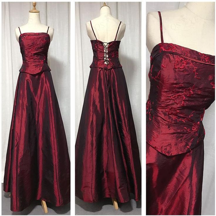 Vintage Elegant Burgundy A-line Spaghetti Straps Embroidered Satin Long Prom Dress Evening Dress - VelvetHem