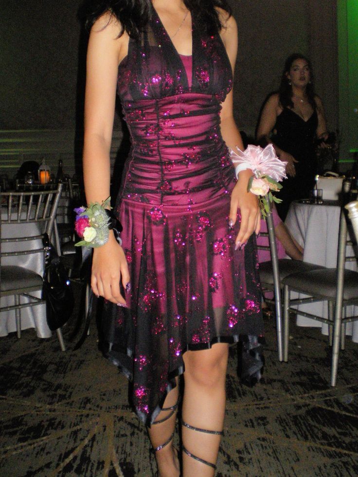 Sexy Pink Black Tulle Sequined Halter Neck Irregular 19th Birthday Homecoming Dress - VelvetHem