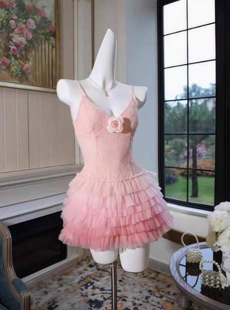 Cute Gradient Pink Lace V-neck Princess Puffy Birthday Skirt Homecoming Dress - VelvetHem
