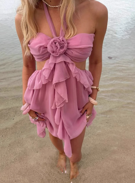Pink Three-dimensional Flower Halter Neck Layer Ruffle Irregular Birthday Short Skirt Homecoming Dress - VelvetHem