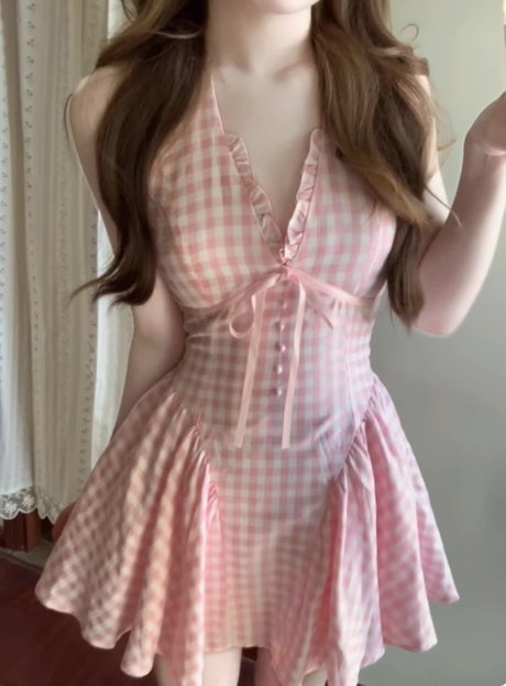 Cute V-neck Lace Bow Plaid Pleated Birthday Skirt Homecoming Dress - View 4 | VelvetHem